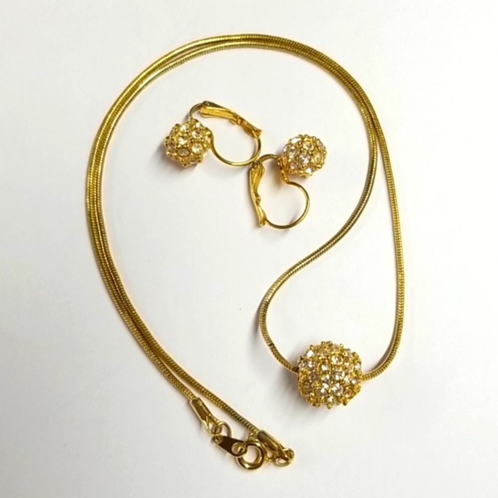 Gold Toned Bead Pendant Necklace W/Rhinestones & Earrings